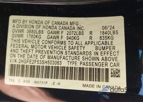 2025 Honda Civic Sport from USA, damaged, VIN 2HGFE2F53SH503063